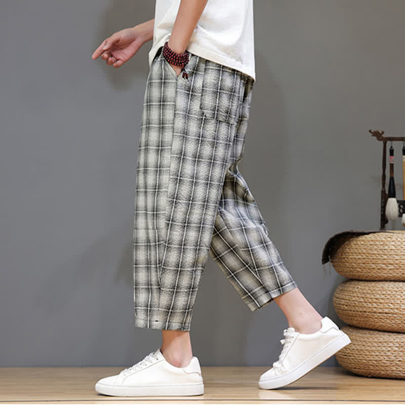 Buddha Stones Pantalones capri de verano informales con cordón ajustable y estampado a cuadros, estilo harem para hombre con bolsillos. - image 26