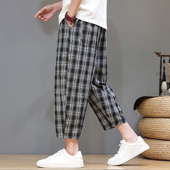 Buddha Stones Pantalones capri de verano informales con cordón ajustable y estampado a cuadros, estilo harem para hombre con bolsillos. - image 14