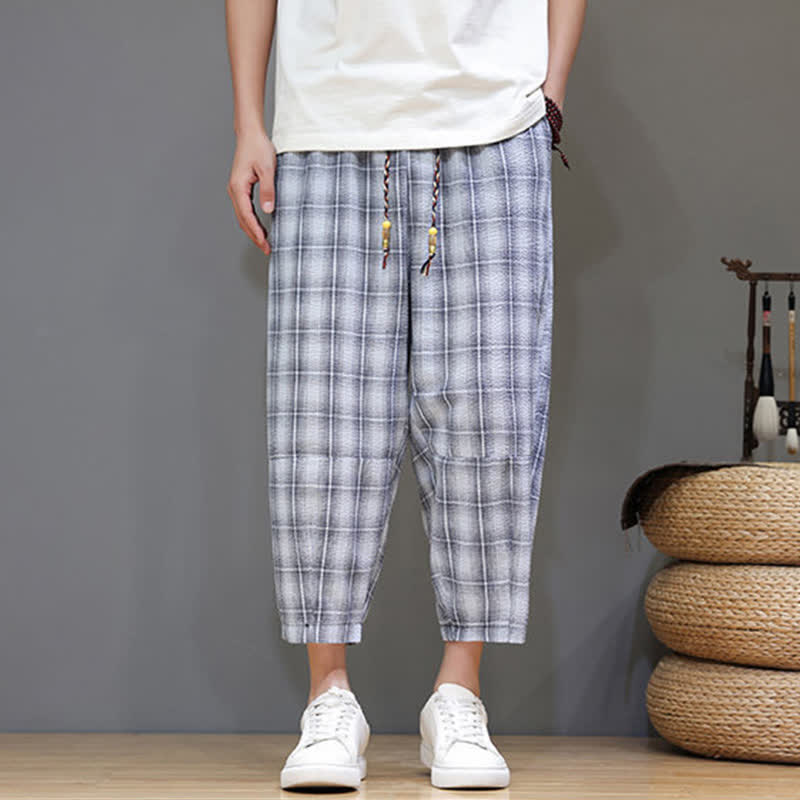 Buddha Stones Pantalones capri de verano informales con cordón ajustable y estampado a cuadros, estilo harem para hombre con bolsillos. - image 6