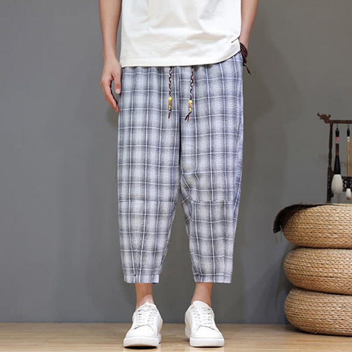 Buddha Stones Pantalones capri de verano informales con cordón ajustable y estampado a cuadros, estilo harem para hombre con bolsillos. - image 6