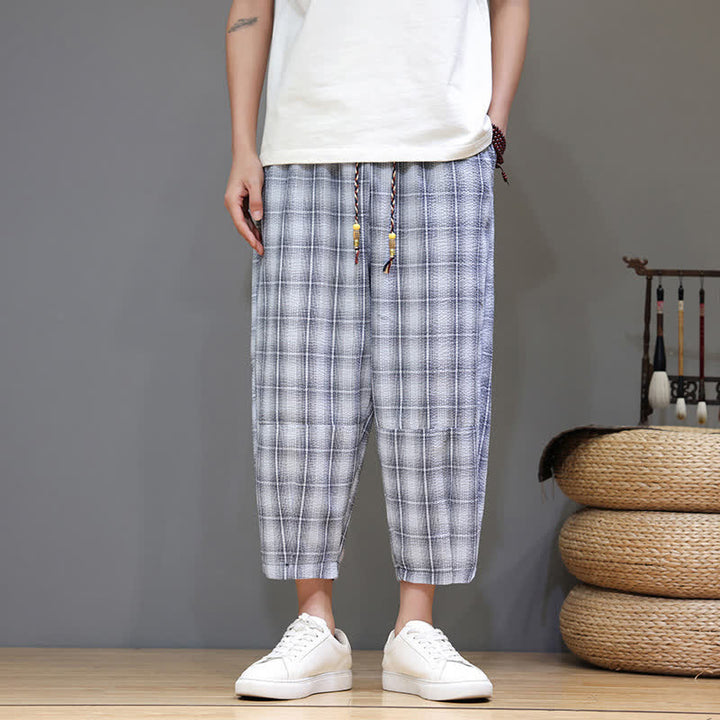 Buddha Stones Pantalones capri de verano informales con cordón ajustable y estampado a cuadros, estilo harem para hombre con bolsillos. - Azul acero claro - US/UK/AU46, EU56 (5XL) - image 0