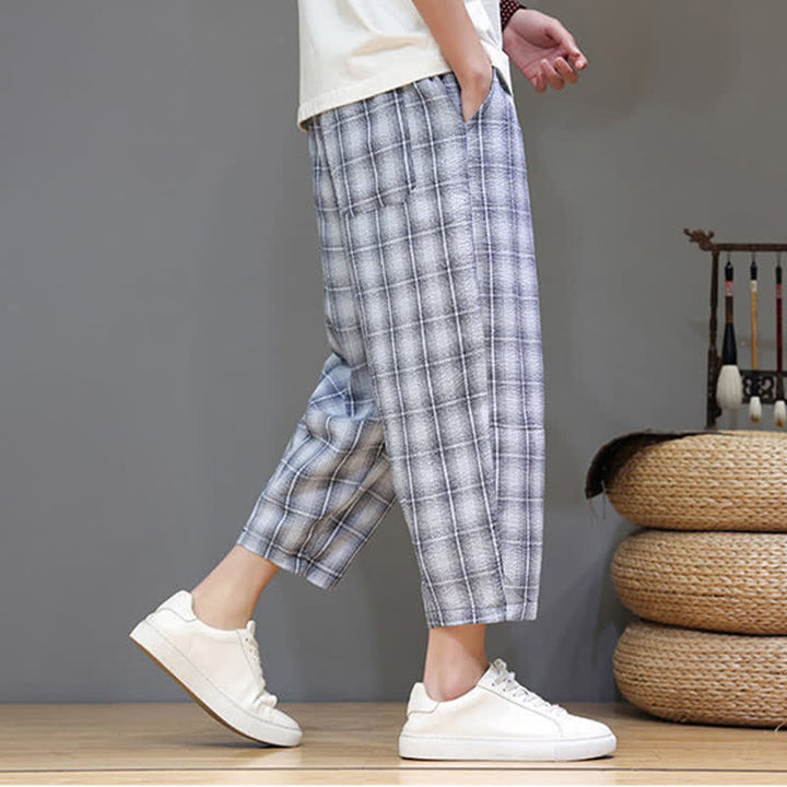Buddha Stones Pantalones capri de verano informales con cordón ajustable y estampado a cuadros, estilo harem para hombre con bolsillos. - image 3