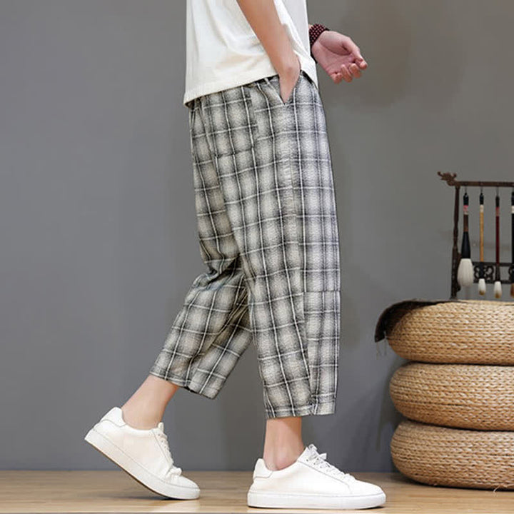 Buddha Stones Pantalones capri de verano informales con cordón ajustable y estampado a cuadros, estilo harem para hombre con bolsillos. - image 25