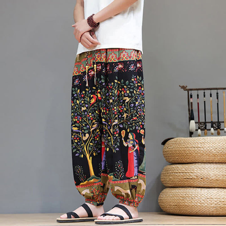 Buddha Stones Pantalones cortos de verano informales estilo boho con cordón ajustable y estampado geométrico de hojas de elefante, pantalones harem para hombre con bolsillos. - image 35