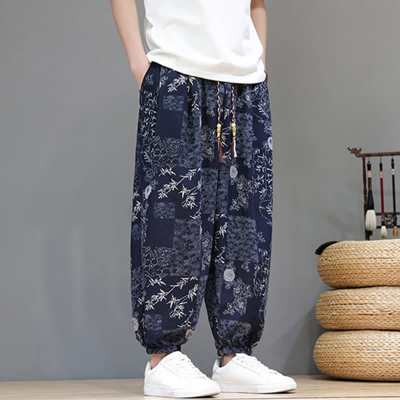 Buddha Stones Pantalones cortos de verano informales estilo boho con cordón ajustable y estampado geométrico de hojas de elefante, pantalones harem para hombre con bolsillos. - image 4