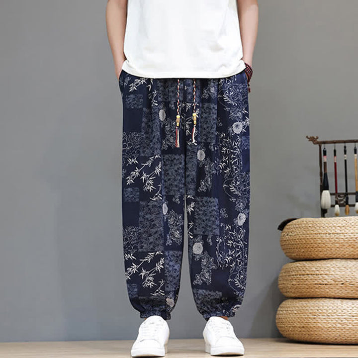 Buddha Stones Pantalones cortos de verano informales estilo boho con cordón ajustable y estampado geométrico de hojas de elefante, pantalones harem para hombre con bolsillos. - image 2