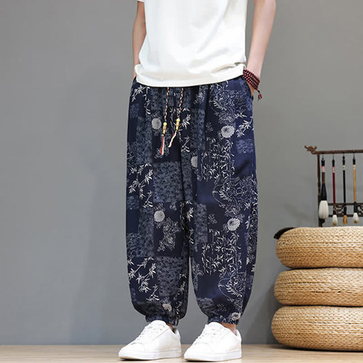 Buddha Stones Pantalones cortos de verano informales estilo boho con cordón ajustable y estampado geométrico de hojas de elefante, pantalones harem para hombre con bolsillos. - image 5