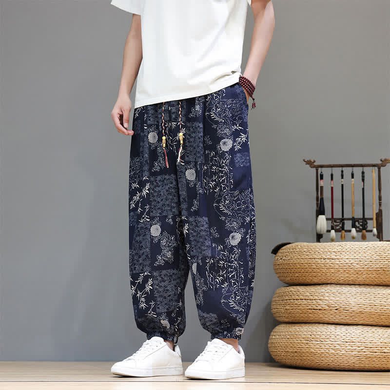 Buddha Stones Pantalones cortos de verano informales estilo boho con cordón ajustable y estampado geométrico de hojas de elefante, pantalones harem para hombre con bolsillos. - image 1