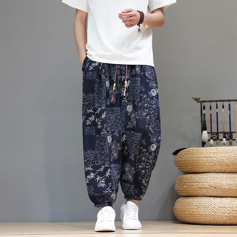 Buddha Stones Pantalones cortos de verano informales estilo boho con cordón ajustable y estampado geométrico de hojas de elefante, pantalones harem para hombre con bolsillos. - image 7