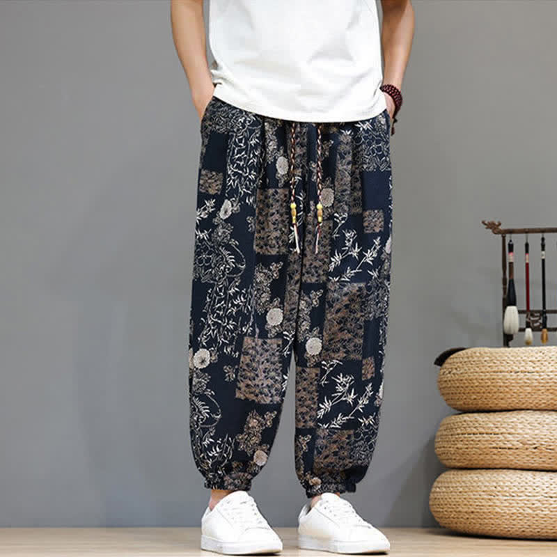 Buddha Stones Pantalones cortos de verano informales estilo boho con cordón ajustable y estampado geométrico de hojas de elefante, pantalones harem para hombre con bolsillos. - image 12