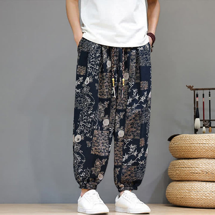 Buddha Stones Pantalones cortos de verano informales estilo boho con cordón ajustable y estampado geométrico de hojas de elefante, pantalones harem para hombre con bolsillos. - image 12