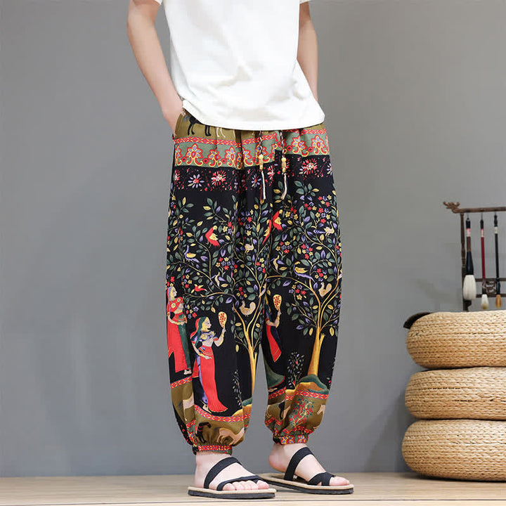 Buddha Stones Pantalones cortos de verano informales estilo boho con cordón ajustable y estampado geométrico de hojas de elefante, pantalones harem para hombre con bolsillos. - image 31