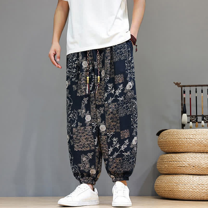 Buddha Stones Pantalones cortos de verano informales estilo boho con cordón ajustable y estampado geométrico de hojas de elefante, pantalones harem para hombre con bolsillos. - image 13