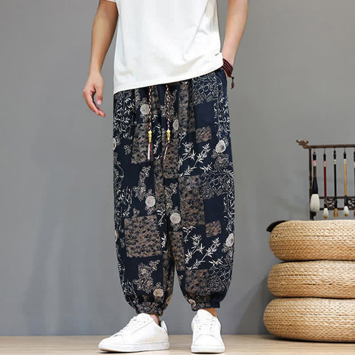 Buddha Stones Pantalones cortos de verano informales estilo boho con cordón ajustable y estampado geométrico de hojas de elefante, pantalones harem para hombre con bolsillos. - image 13
