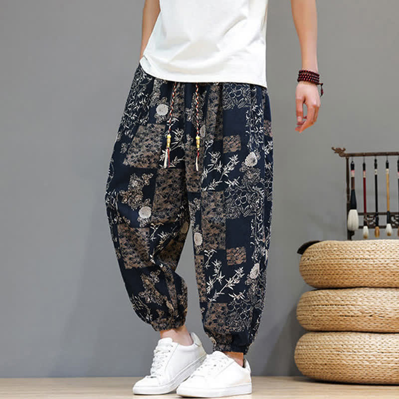 Buddha Stones Pantalones cortos de verano informales estilo boho con cordón ajustable y estampado geométrico de hojas de elefante, pantalones harem para hombre con bolsillos. - image 14