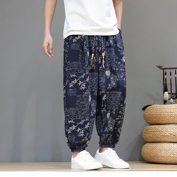 Buddha Stones Pantalones cortos de verano informales estilo boho con cordón ajustable y estampado geométrico de hojas de elefante, pantalones harem para hombre con bolsillos. - image 9