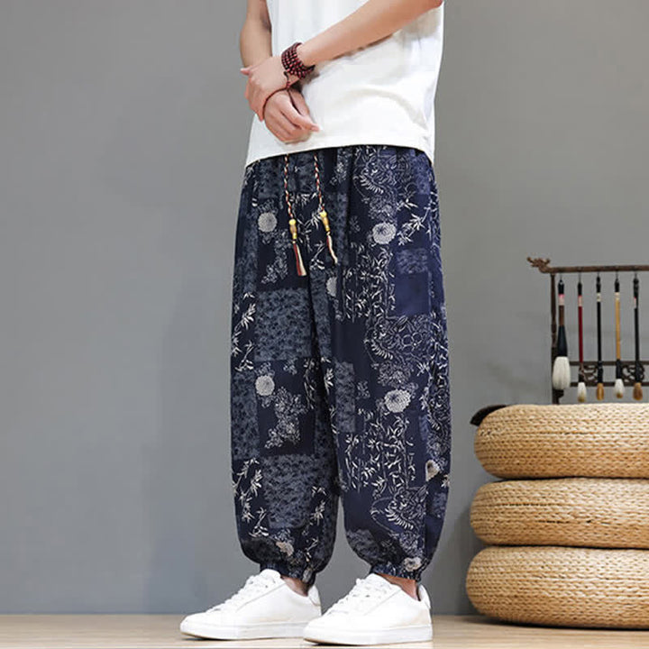 Buddha Stones Pantalones cortos de verano informales estilo boho con cordón ajustable y estampado geométrico de hojas de elefante, pantalones harem para hombre con bolsillos. - image 8