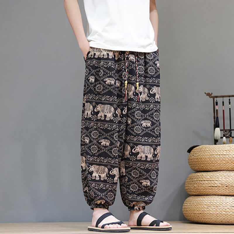 Buddha Stones Pantalones cortos de verano informales estilo boho con cordón ajustable y estampado geométrico de hojas de elefante, pantalones harem para hombre con bolsillos. - image 22