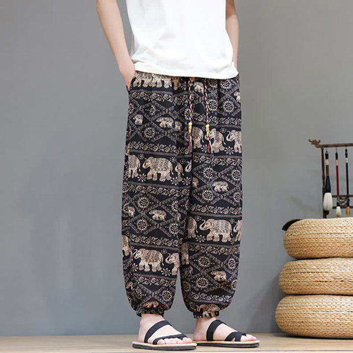Buddha Stones Pantalones cortos de verano informales estilo boho con cordón ajustable y estampado geométrico de hojas de elefante, pantalones harem para hombre con bolsillos. - image 22