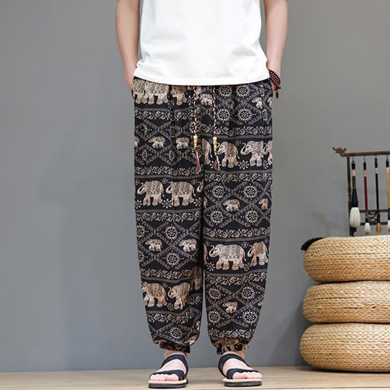 Buddha Stones Pantalones cortos de verano informales estilo boho con cordón ajustable y estampado geométrico de hojas de elefante, pantalones harem para hombre con bolsillos. - image 27