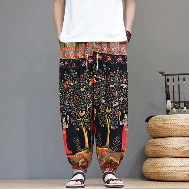 Buddha Stones Pantalones cortos de verano informales estilo boho con cordón ajustable y estampado geométrico de hojas de elefante, pantalones harem para hombre con bolsillos. - Negro - US/UK/AU46, EU56 (5XL) - image 30
