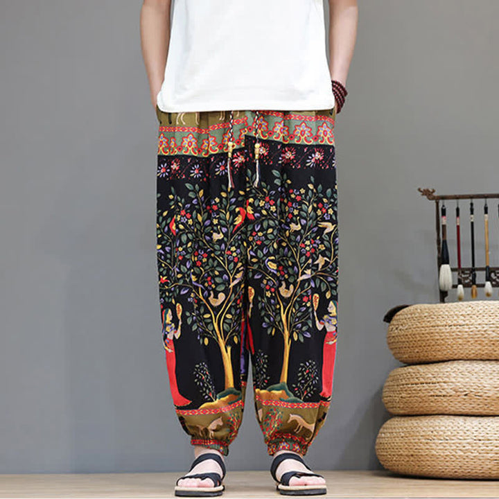 Buddha Stones Pantalones cortos de verano informales estilo boho con cordón ajustable y estampado geométrico de hojas de elefante, pantalones harem para hombre con bolsillos. - Negro - US/UK/AU46, EU56 (5XL) - image 30