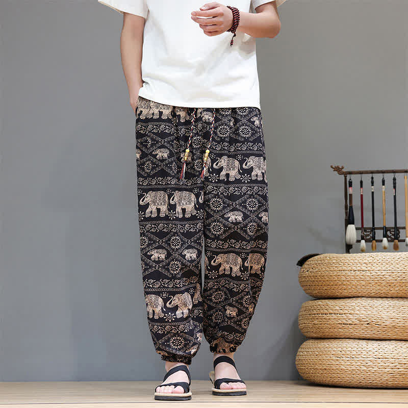 Buddha Stones Pantalones cortos de verano informales estilo boho con cordón ajustable y estampado geométrico de hojas de elefante, pantalones harem para hombre con bolsillos. - Marrón silla de montar - US/UK/AU46, EU56 (5XL) - image 21