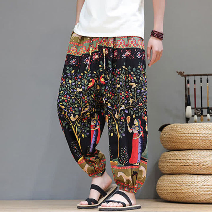 Buddha Stones Pantalones cortos de verano informales estilo boho con cordón ajustable y estampado geométrico de hojas de elefante, pantalones harem para hombre con bolsillos. - image 36