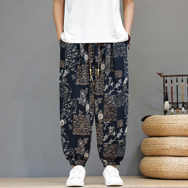 Buddha Stones Pantalones cortos de verano informales estilo boho con cordón ajustable y estampado geométrico de hojas de elefante, pantalones harem para hombre con bolsillos. - image 15