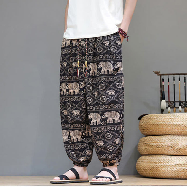 Buddha Stones Pantalones cortos de verano informales estilo boho con cordón ajustable y estampado geométrico de hojas de elefante, pantalones harem para hombre con bolsillos. - image 23