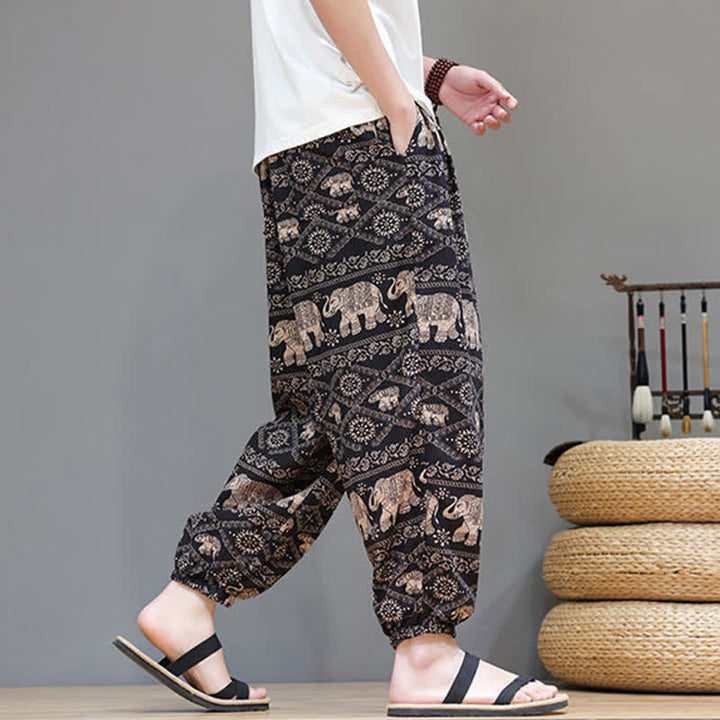 Buddha Stones Pantalones cortos de verano informales estilo boho con cordón ajustable y estampado geométrico de hojas de elefante, pantalones harem para hombre con bolsillos. - image 24