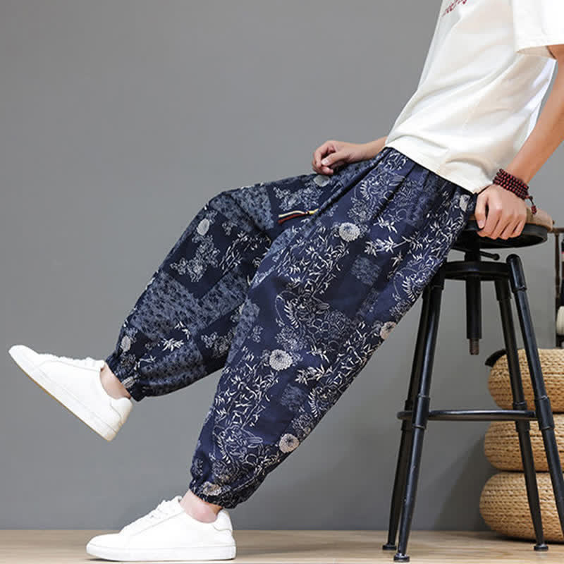 Buddha Stones Pantalones cortos de verano informales estilo boho con cordón ajustable y estampado geométrico de hojas de elefante, pantalones harem para hombre con bolsillos. - image 10