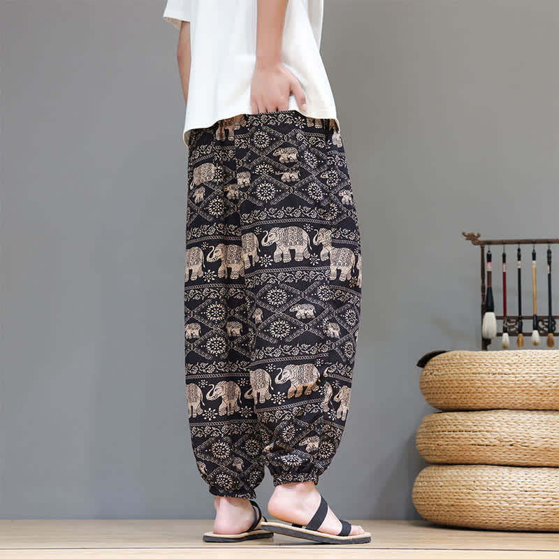Buddha Stones Pantalones cortos de verano informales estilo boho con cordón ajustable y estampado geométrico de hojas de elefante, pantalones harem para hombre con bolsillos. - image 26