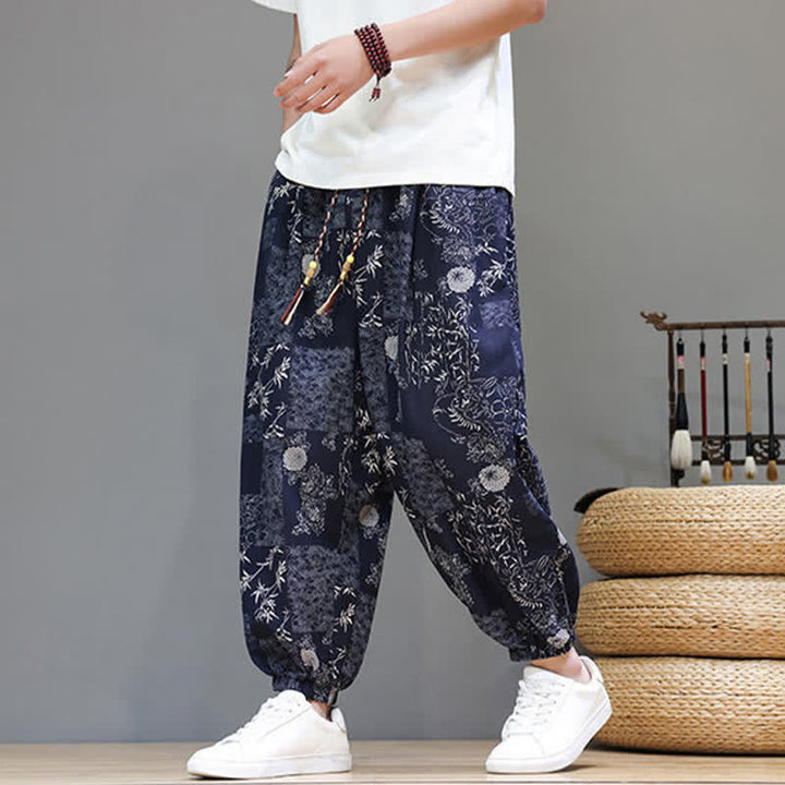 Buddha Stones Pantalones cortos de verano informales estilo boho con cordón ajustable y estampado geométrico de hojas de elefante, pantalones harem para hombre con bolsillos. - Azul medianoche - US/UK/AU46, EU56 (5XL) - image 0