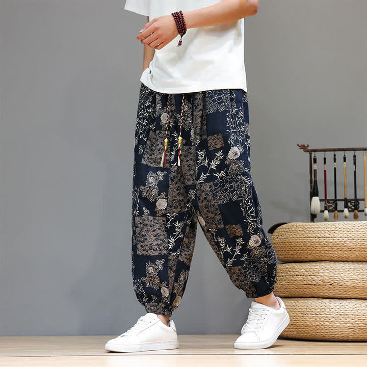 Buddha Stones Pantalones cortos de verano informales estilo boho con cordón ajustable y estampado geométrico de hojas de elefante, pantalones harem para hombre con bolsillos. - Azul acero - US/UK/AU46, EU56 (5XL) - image 11