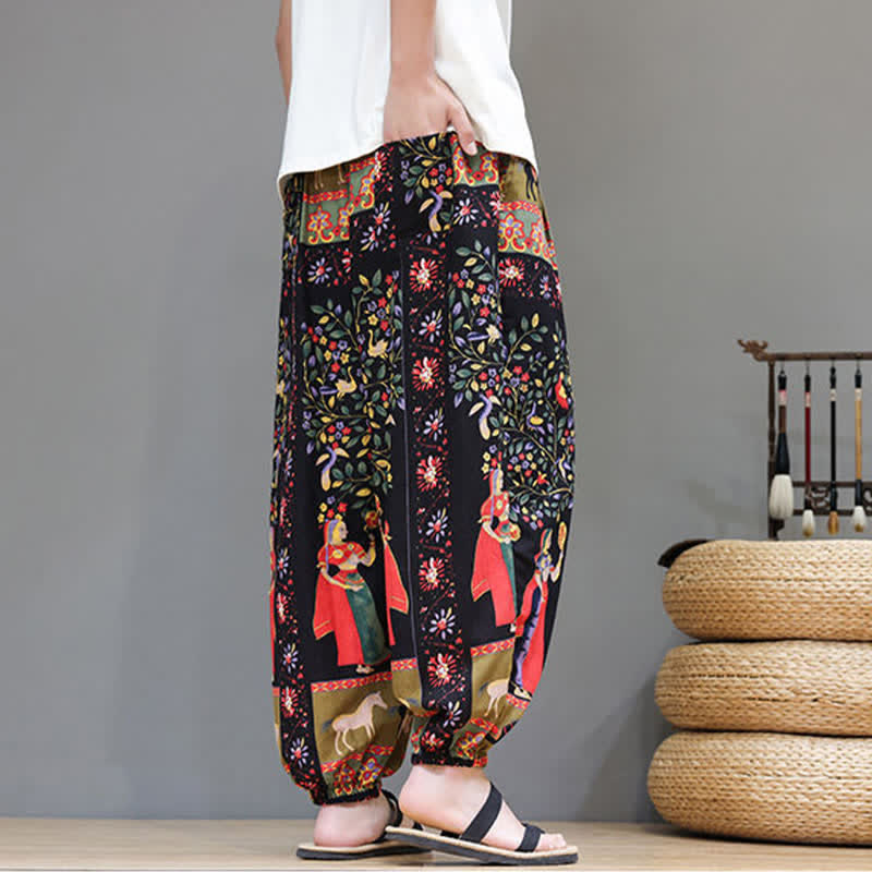 Buddha Stones Pantalones cortos de verano informales estilo boho con cordón ajustable y estampado geométrico de hojas de elefante, pantalones harem para hombre con bolsillos. - image 33