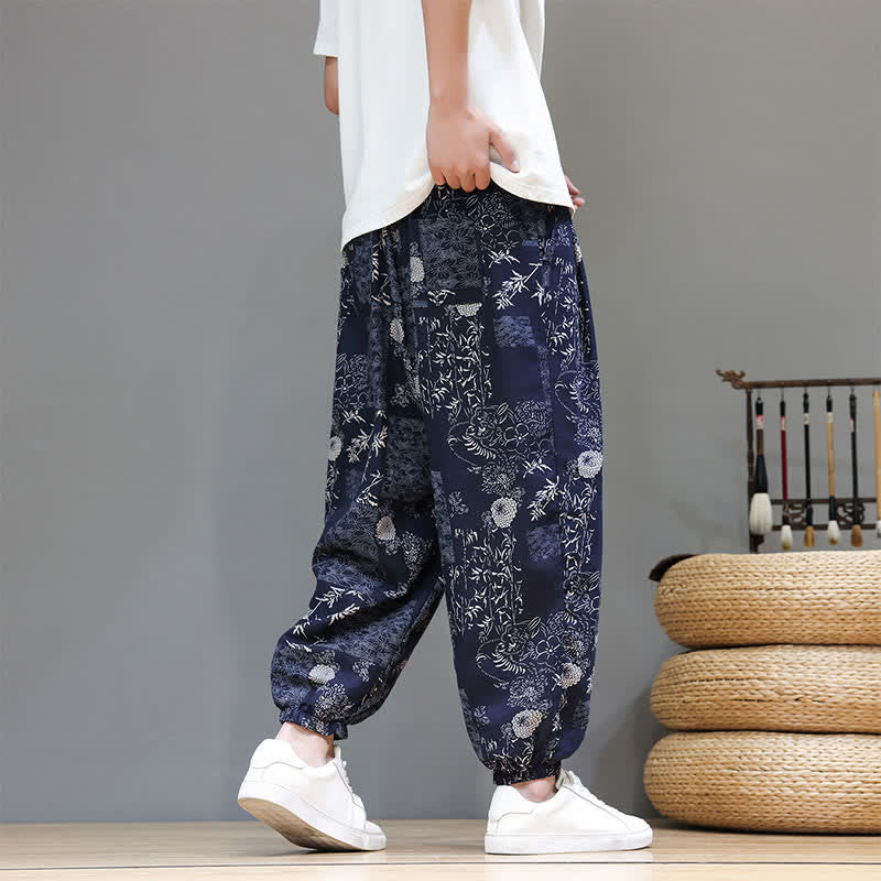 Buddha Stones Pantalones cortos de verano informales estilo boho con cordón ajustable y estampado geométrico de hojas de elefante, pantalones harem para hombre con bolsillos. - image 3