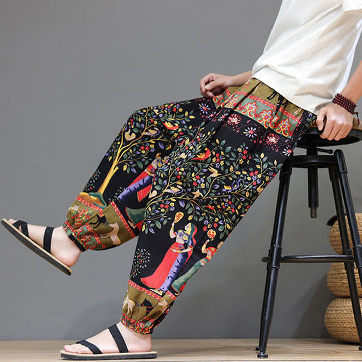 Buddha Stones Pantalones cortos de verano informales estilo boho con cordón ajustable y estampado geométrico de hojas de elefante, pantalones harem para hombre con bolsillos. - image 37