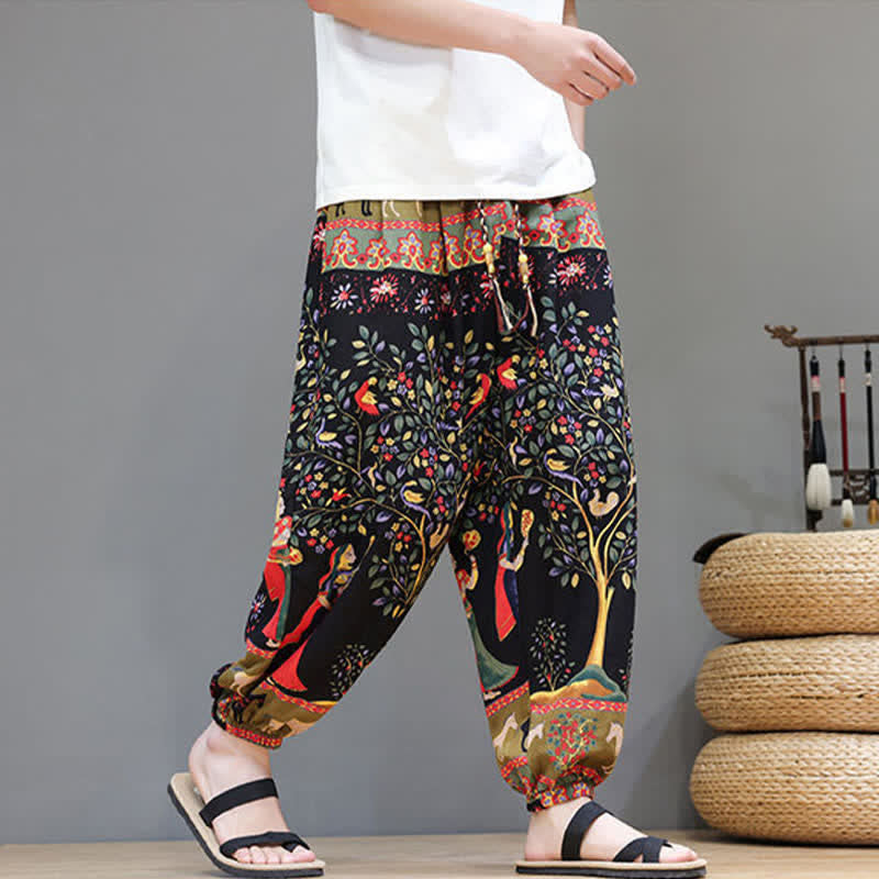 Buddha Stones Pantalones cortos de verano informales estilo boho con cordón ajustable y estampado geométrico de hojas de elefante, pantalones harem para hombre con bolsillos. - image 34