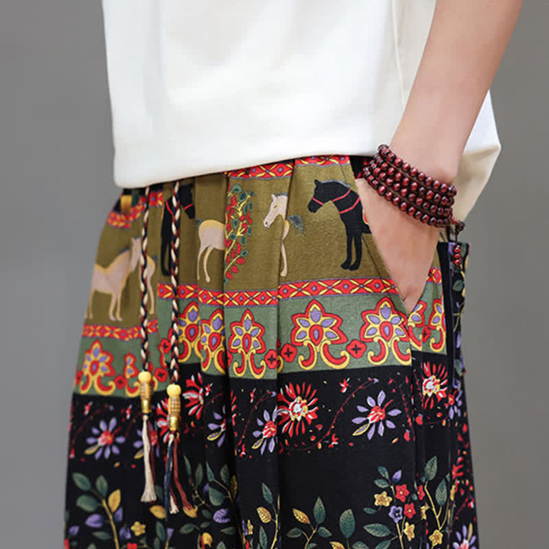 Buddha Stones Pantalones cortos de verano informales estilo boho con cordón ajustable y estampado geométrico de hojas de elefante, pantalones harem para hombre con bolsillos. - image 38
