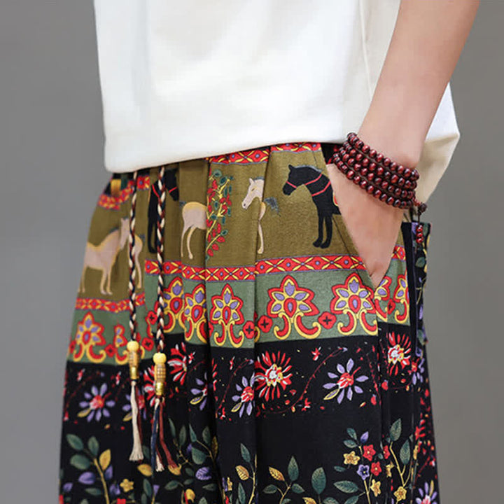 Buddha Stones Pantalones cortos de verano informales estilo boho con cordón ajustable y estampado geométrico de hojas de elefante, pantalones harem para hombre con bolsillos. - image 38