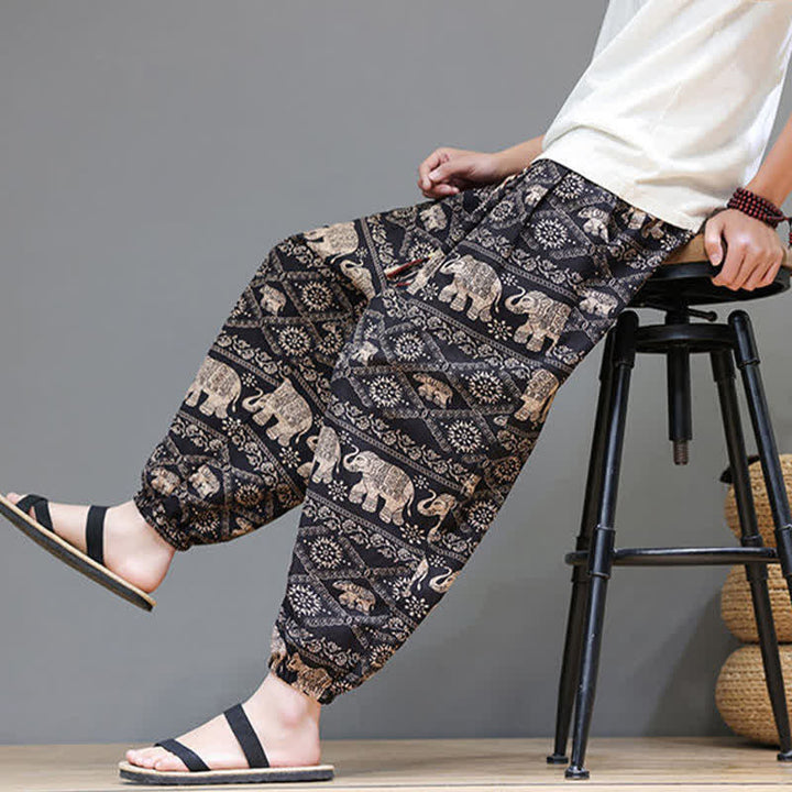Buddha Stones Pantalones cortos de verano informales estilo boho con cordón ajustable y estampado geométrico de hojas de elefante, pantalones harem para hombre con bolsillos. - image 29