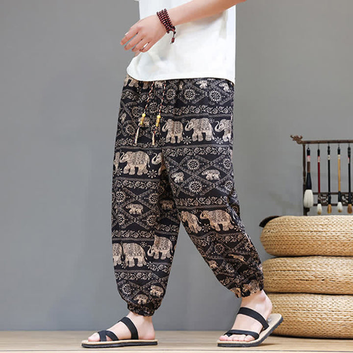 Buddha Stones Pantalones cortos de verano informales estilo boho con cordón ajustable y estampado geométrico de hojas de elefante, pantalones harem para hombre con bolsillos. - image 28
