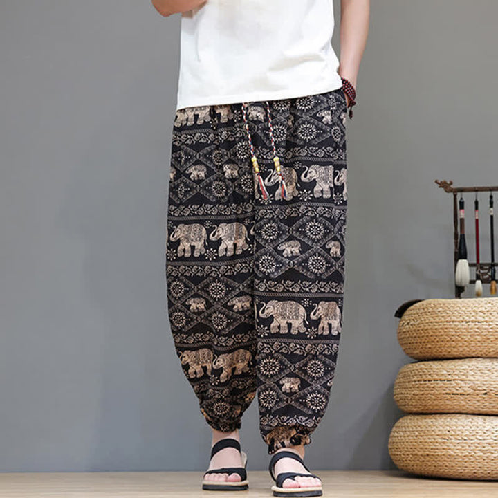 Buddha Stones Pantalones cortos de verano informales estilo boho con cordón ajustable y estampado geométrico de hojas de elefante, pantalones harem para hombre con bolsillos. - image 25