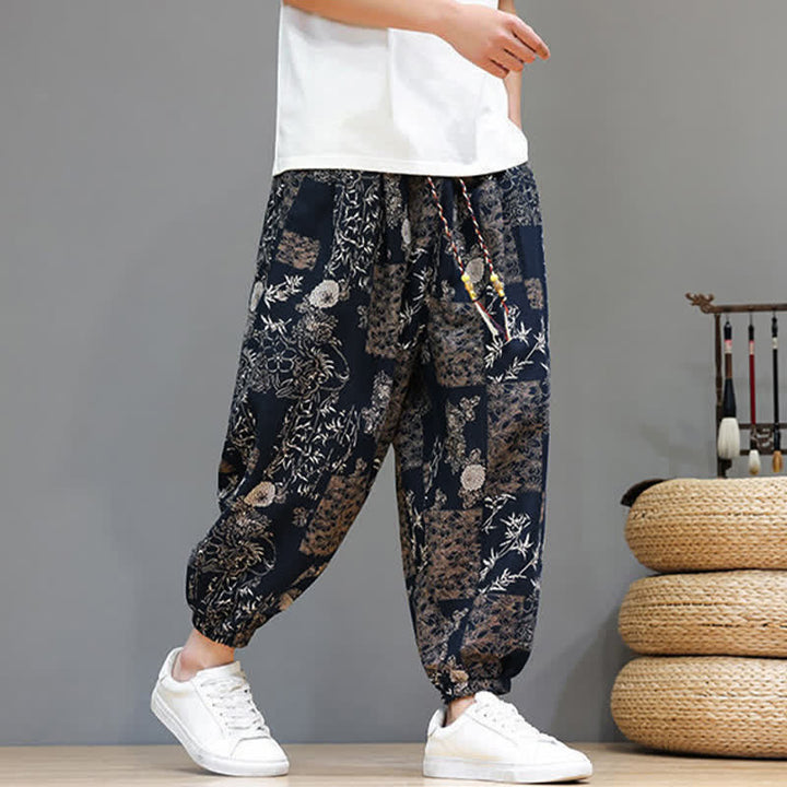 Buddha Stones Pantalones cortos de verano informales estilo boho con cordón ajustable y estampado geométrico de hojas de elefante, pantalones harem para hombre con bolsillos. - image 19