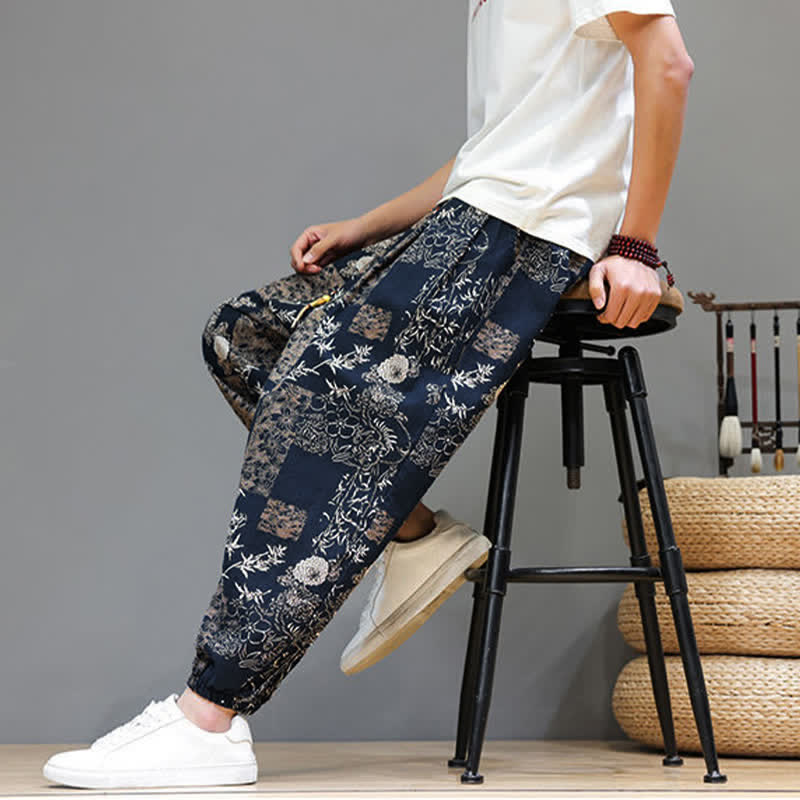 Buddha Stones Pantalones cortos de verano informales estilo boho con cordón ajustable y estampado geométrico de hojas de elefante, pantalones harem para hombre con bolsillos. - image 17