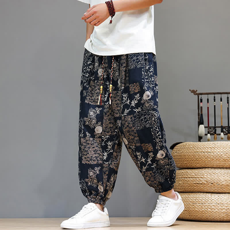 Buddha Stones Pantalones cortos de verano informales estilo boho con cordón ajustable y estampado geométrico de hojas de elefante, pantalones harem para hombre con bolsillos. - image 16