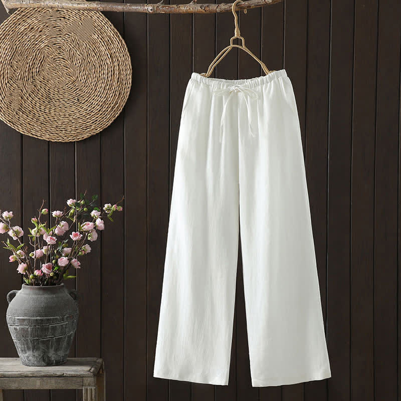 Buddha Stones Pantalones tobilleros de algodón y lino lisos, estilo casual de verano, minimalistas, con cordón ajustable, para mujer, de pierna recta y con bolsillo. - Blanco - US8-10, UK/AU12-14, EU40-42 (2XL) - image 0