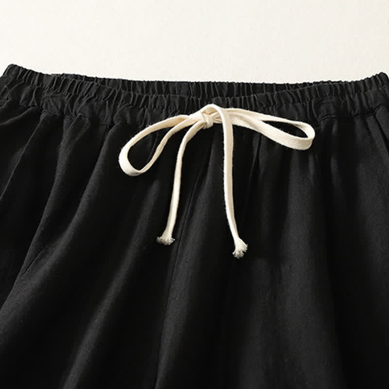 Buddha Stones Pantalones cortos de algodón y lino lisos, informales, con cordón ajustable, estilo harem, para mujer, con bolsillo. - image 8