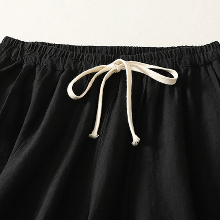 Buddha Stones Pantalones cortos de algodón y lino lisos, informales, con cordón ajustable, estilo harem, para mujer, con bolsillo. - image 8